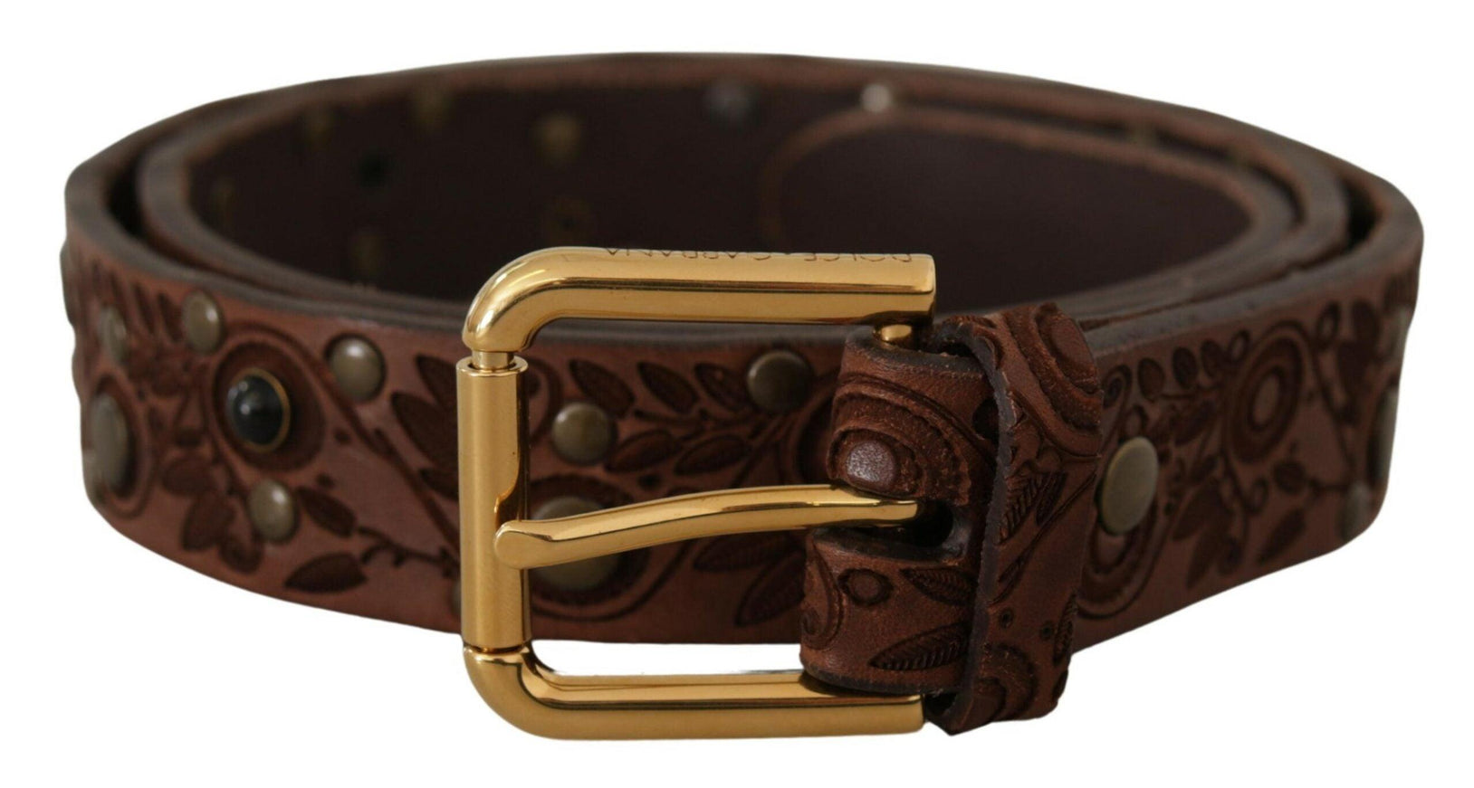 Dolce & Gabbana Brown Calf Leather Embossed Gold Metal Buckle - Ellie Belle