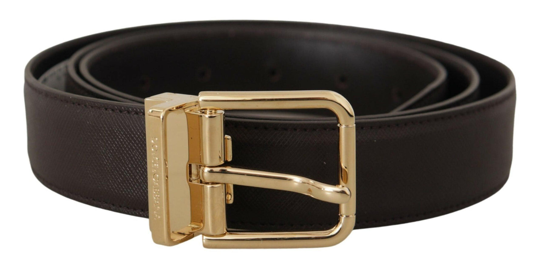 Dolce & Gabbana Brown Calf Leather Gold Logo Metal Buckle Belt - Ellie Belle