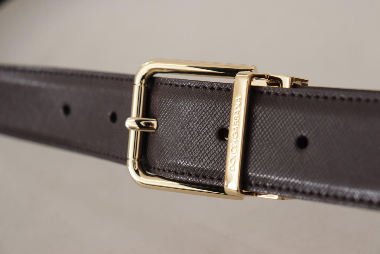 Dolce & Gabbana Brown Calf Leather Gold Logo Metal Buckle Belt - Ellie Belle