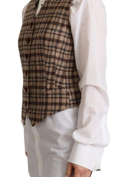 Dolce & Gabbana Brown Checkered Leopard V-neck Sleeveless Vest Top - Ellie Belle