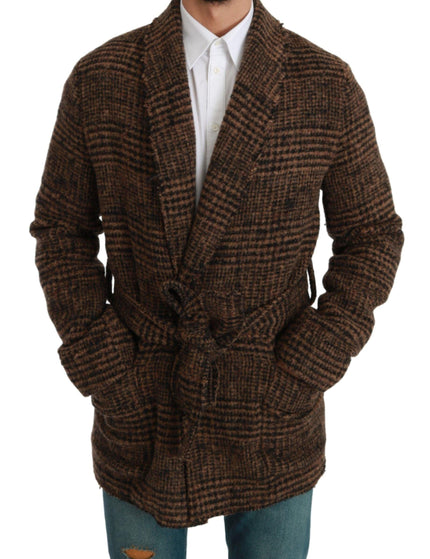 Dolce & Gabbana Brown Checkered Wool Robe Coat Wrap Jacket - Ellie Belle