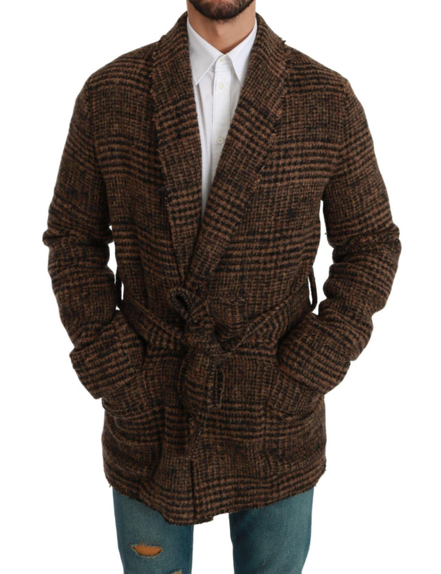 Dolce & Gabbana Brown Checkered Wool Robe Coat Wrap Jacket - Ellie Belle