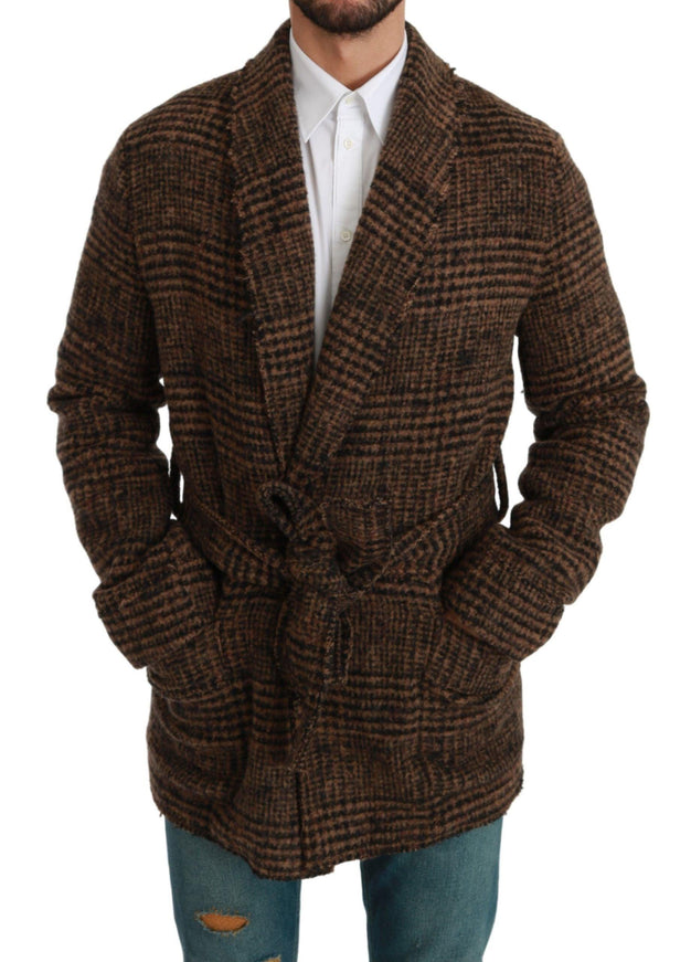 Dolce & Gabbana Brown Checkered Wool Robe Coat Wrap Jacket - Ellie Belle