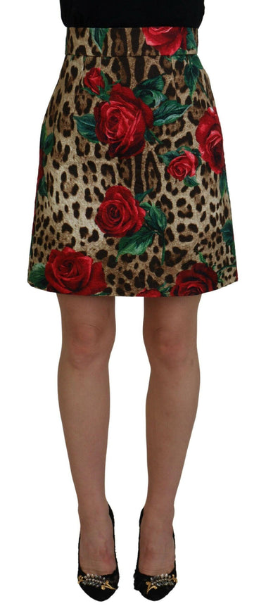 Dolce & Gabbana Brown Cotton Leopard Rose Print Mini Skirt - Ellie Belle