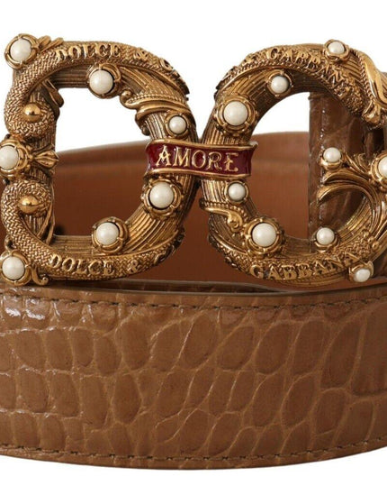 Dolce & Gabbana Brown Crocodile Pattern Leather Logo Amore Belt - Ellie Belle