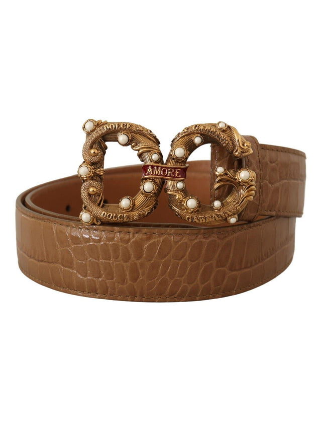 Dolce & Gabbana Brown Crocodile Pattern Leather Logo Amore Belt - Ellie Belle