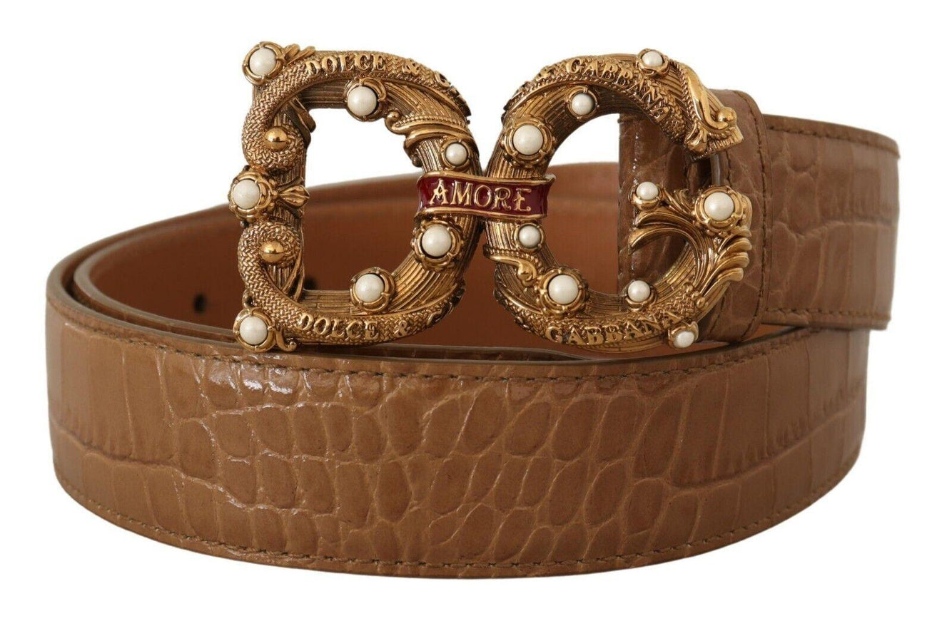 Dolce & Gabbana Brown Crocodile Pattern Leather Logo Amore Belt - Ellie Belle