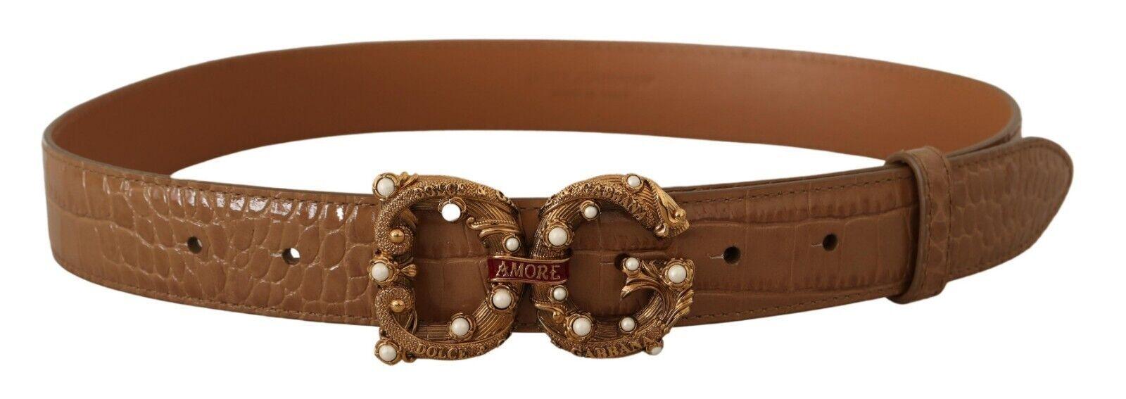 Dolce & Gabbana Brown Crocodile Pattern Leather Logo Amore Belt - Ellie Belle