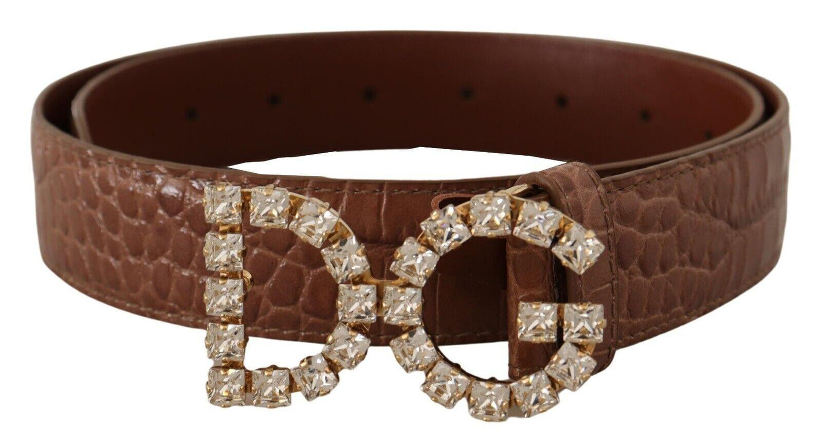 Dolce & Gabbana Brown Crocodile Print Leather Crystal Logo Buckle Belt - Ellie Belle