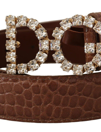 Dolce & Gabbana Brown Crocodile Print Leather Crystal Logo Buckle Belt - Ellie Belle