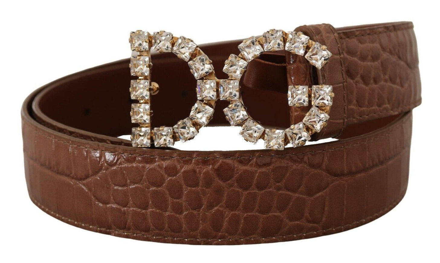 Dolce & Gabbana Brown Crocodile Print Leather Crystal Logo Buckle Belt - Ellie Belle