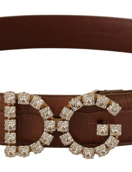 Dolce & Gabbana Brown Crocodile Print Leather Crystal Logo Buckle Belt - Ellie Belle