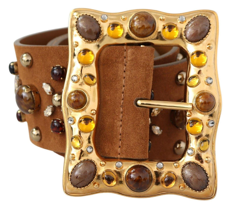 Dolce & Gabbana Brown Crystal Gold Buckle Leather Belt - Ellie Belle