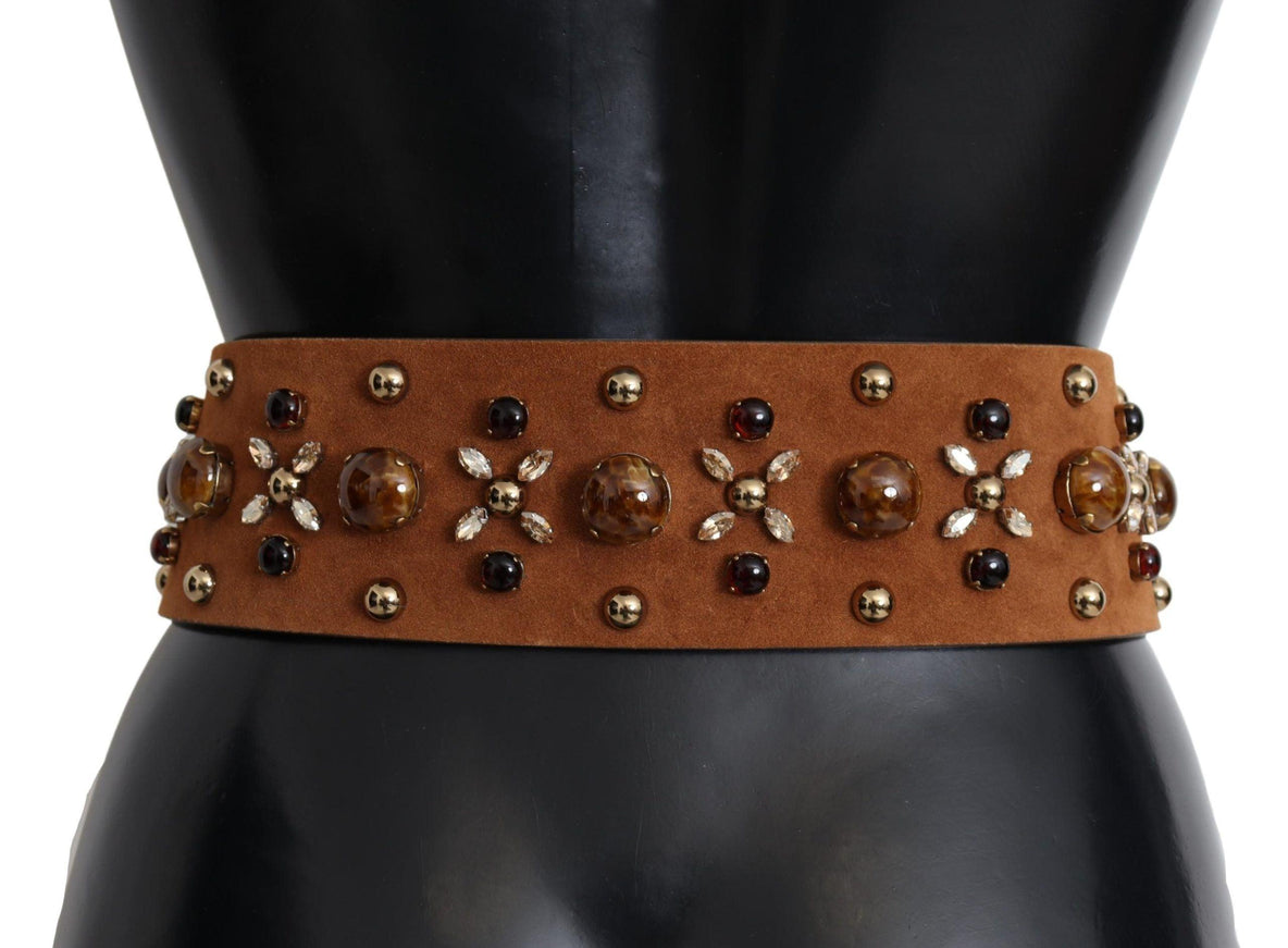 Dolce & Gabbana Brown Crystal Gold Buckle Leather Belt - Ellie Belle