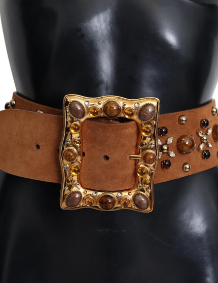 Dolce & Gabbana Brown Crystal Gold Buckle Leather Belt - Ellie Belle