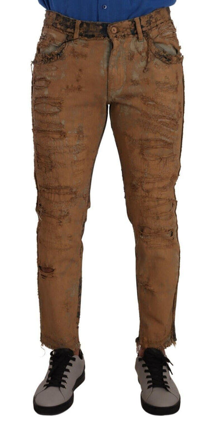 Dolce & Gabbana Brown Distressed Cotton Skinny Men Denim Jeans - Ellie Belle