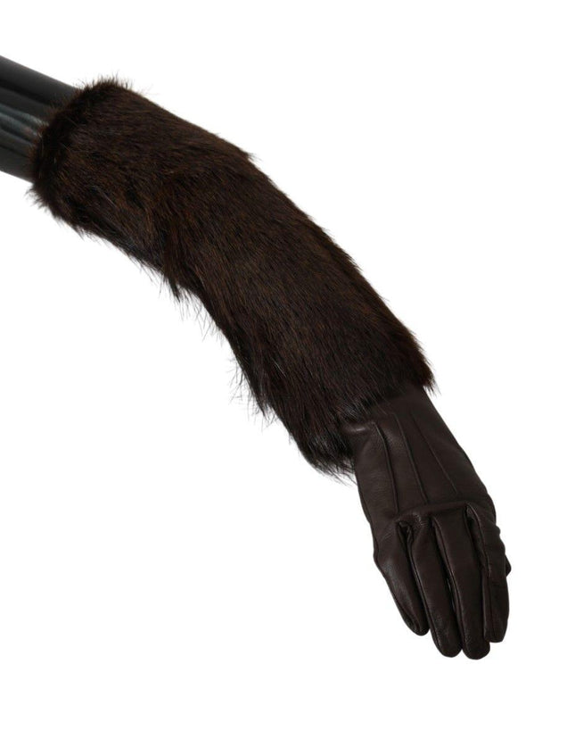 Dolce & Gabbana Brown Elbow Length Mittens Leather Fur Gloves - Ellie Belle