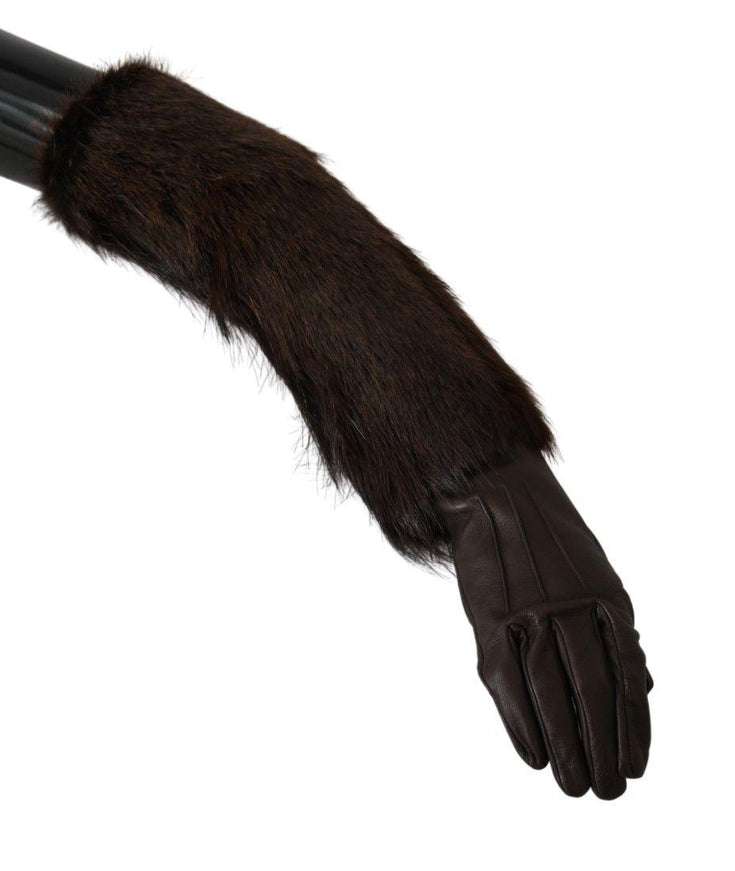 Dolce & Gabbana Brown Elbow Length Mittens Leather Fur Gloves - Ellie Belle