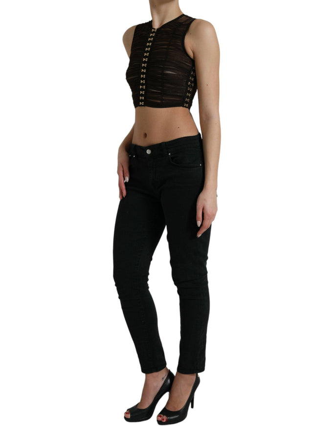 Dolce & Gabbana Brown Embellished Nylon Stretch Cropped Top - Ellie Belle