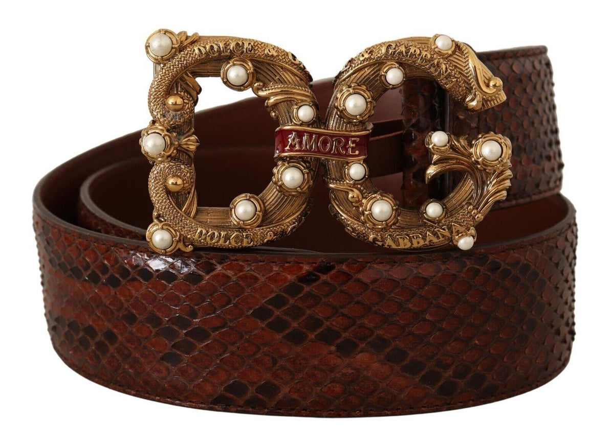 Dolce & Gabbana Brown Exotic Leather Logo Buckle Amore Belt - Ellie Belle