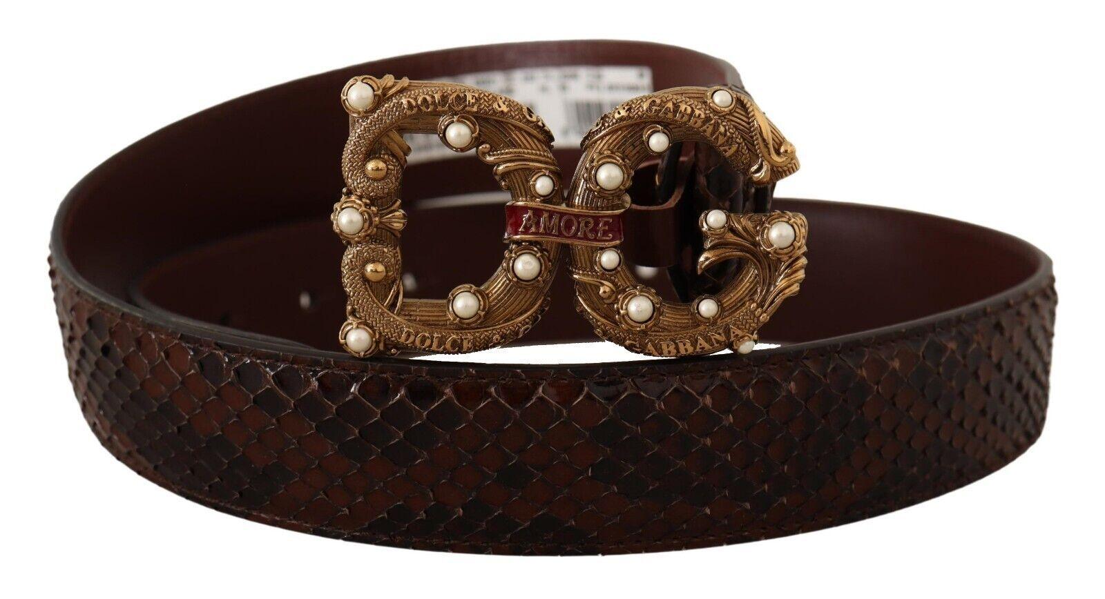 Dolce & Gabbana Brown Exotic Leather Logo Buckle Amore Belt - Ellie Belle