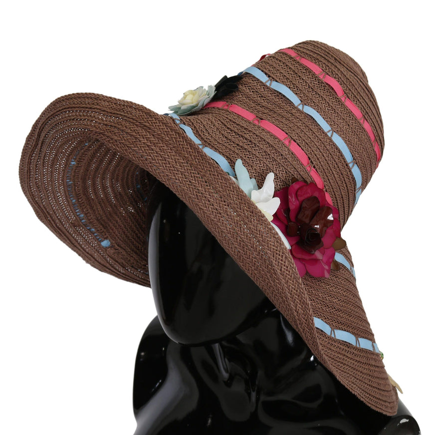 Dolce & Gabbana Brown Floral Wide Brim Straw Floppy Cap Hat - Ellie Belle