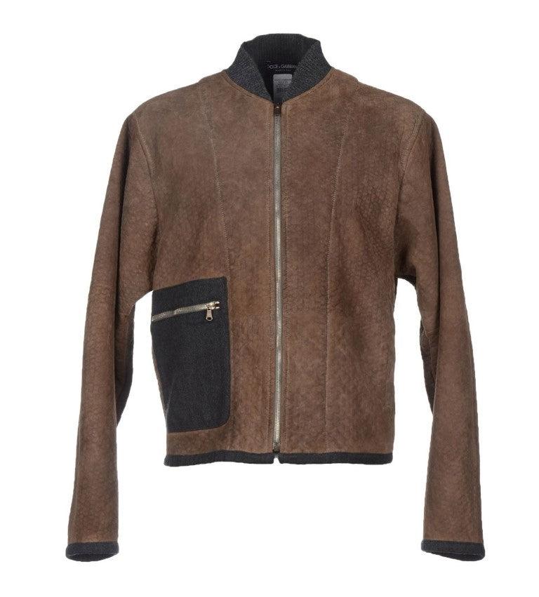 Dolce & Gabbana Brown Gray Leather Jacket Coat - Ellie Belle