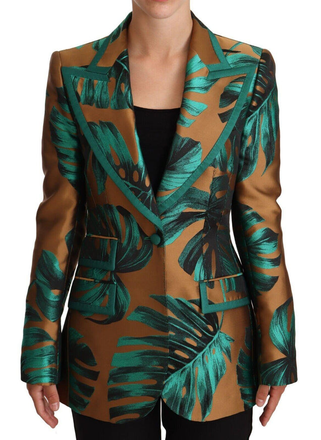 Dolce & Gabbana Brown Green Leaf Jacquard Coat Jacket - Ellie Belle