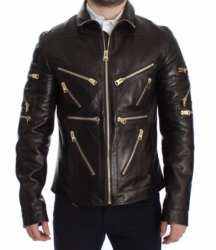 Dolce & Gabbana Brown Lambskin Leather Zipper Jacket - Ellie Belle