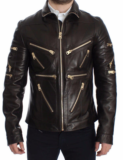 Dolce & Gabbana Brown Lambskin Leather Zipper Jacket - Ellie Belle