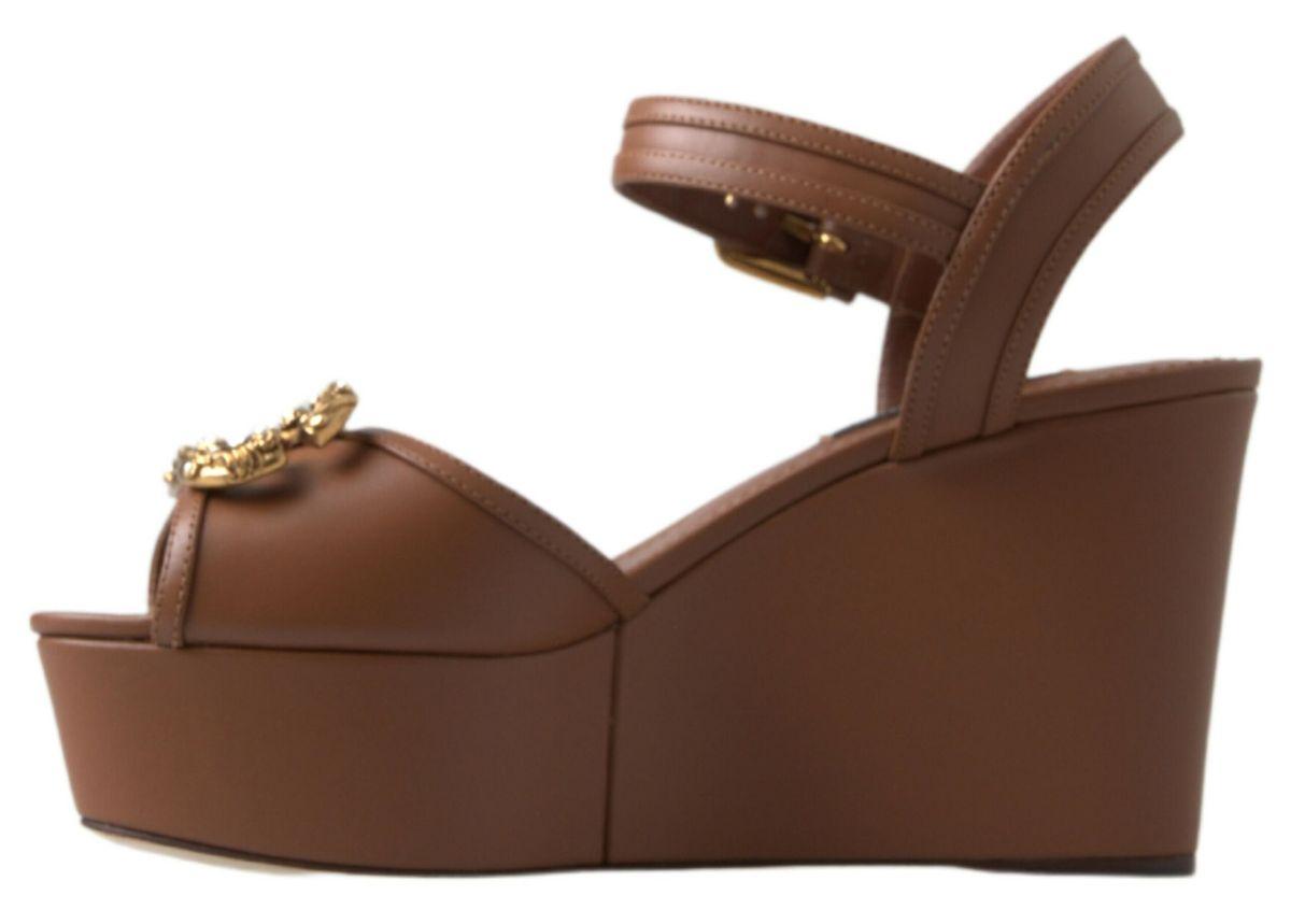 Dolce & Gabbana Brown Leather AMORE Wedges Sandals Shoes - Ellie Belle