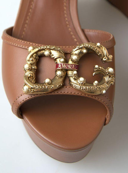 Dolce & Gabbana Brown Leather AMORE Wedges Sandals Shoes