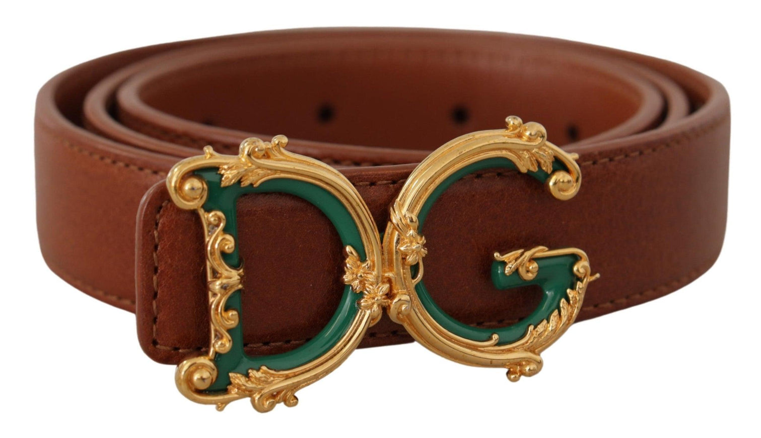 Dolce & Gabbana Brown Leather Baroque Gold DG Logo Waist Buckle Belt - Ellie Belle