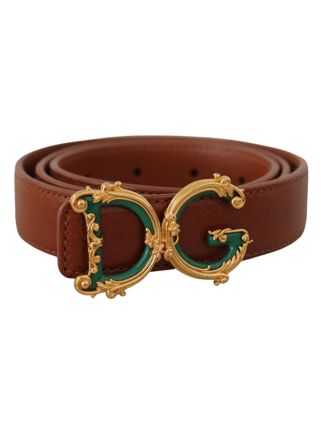 Dolce & Gabbana Brown Leather Baroque Gold DG Logo Waist Buckle Belt - Ellie Belle