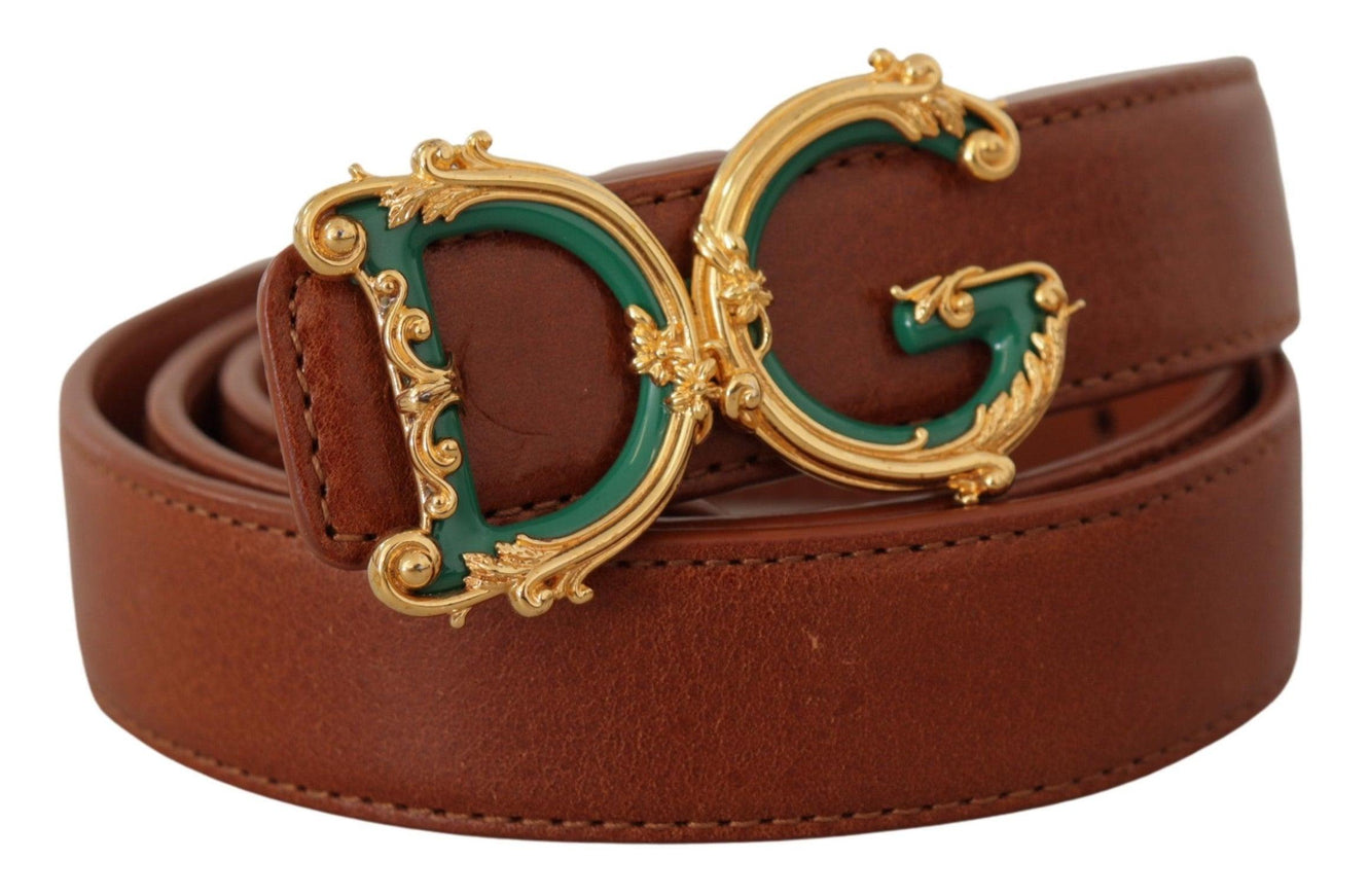 Dolce & Gabbana Brown Leather Baroque Gold DG Logo Waist Buckle Belt - Ellie Belle