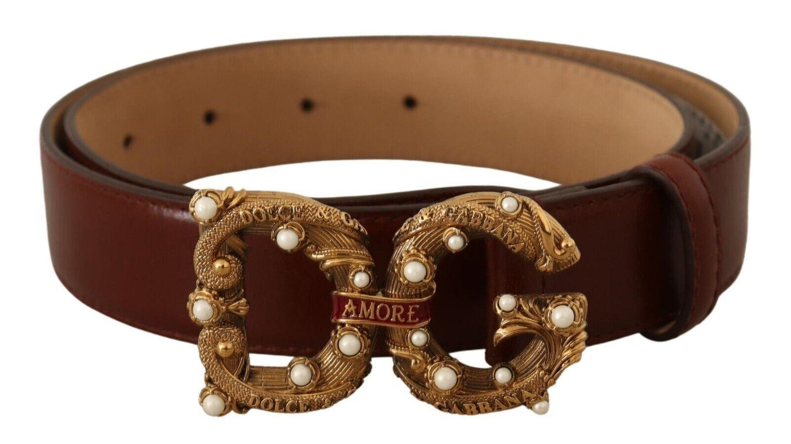 Dolce & Gabbana Brown Leather Brass Logo Buckle Amore Belt - Ellie Belle