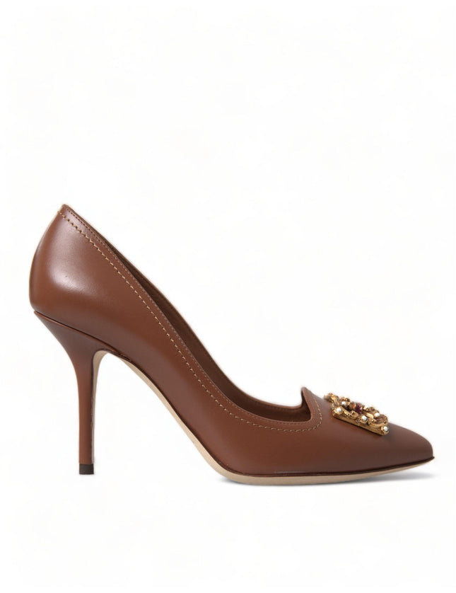 Dolce & Gabbana Brown Leather DG Amore Heels Pumps Shoes - Ellie Belle