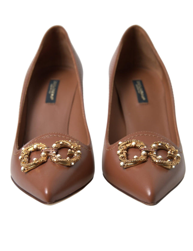 Dolce & Gabbana Brown Leather DG Amore Heels Pumps Shoes - Ellie Belle