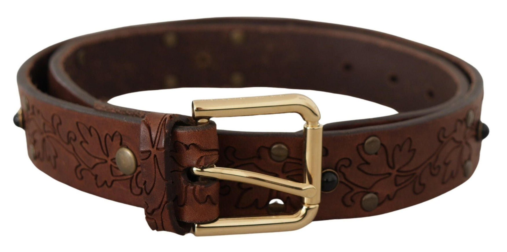 Dolce & Gabbana Brown Leather Floral Studded Metal Buckle Belt - Ellie Belle