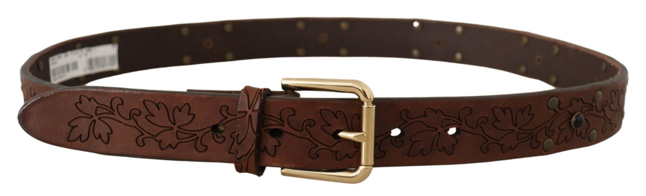 Dolce & Gabbana Brown Leather Floral Studded Metal Buckle Belt - Ellie Belle