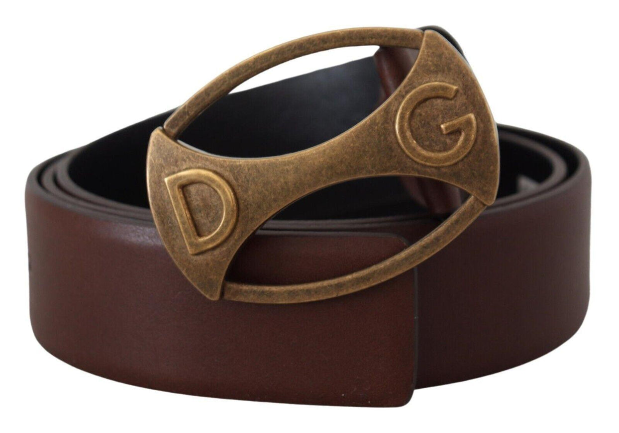 Dolce & Gabbana Brown Leather Gold Logo Metal Oval Belt - Ellie Belle