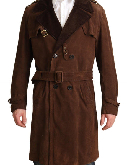 Dolce & Gabbana Brown Leather Long Trench Coat Men Jacket - Ellie Belle