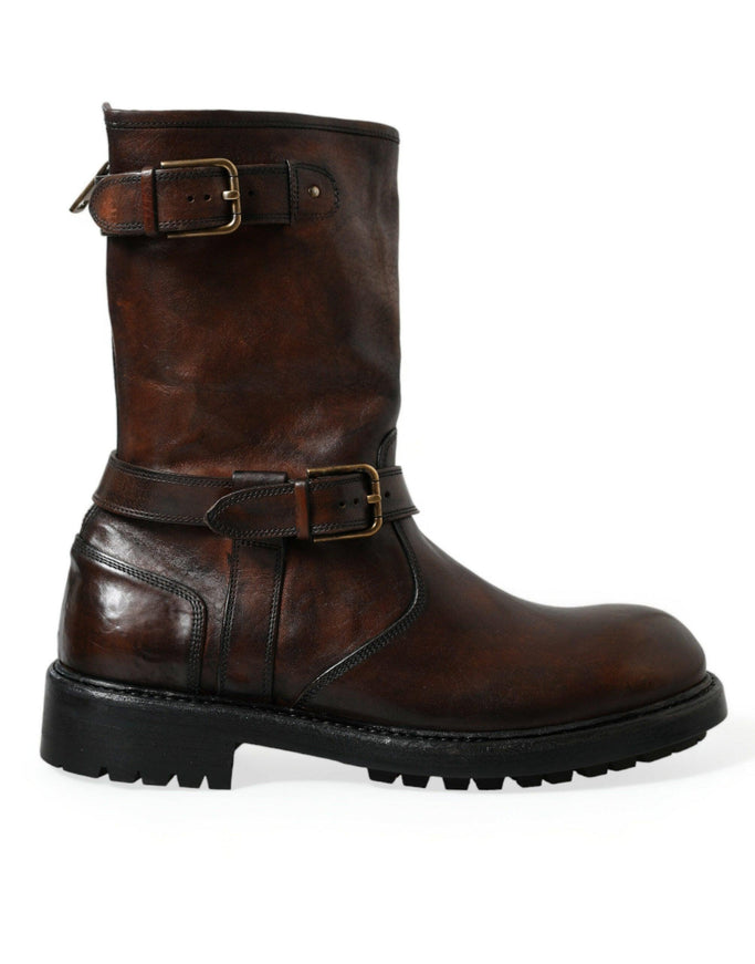 Dolce & Gabbana Brown Leather Mid Calf Biker Boots Shoes - Ellie Belle