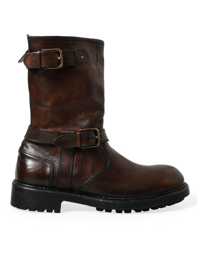 Dolce & Gabbana Brown Leather Mid Calf Biker Boots Shoes - Ellie Belle