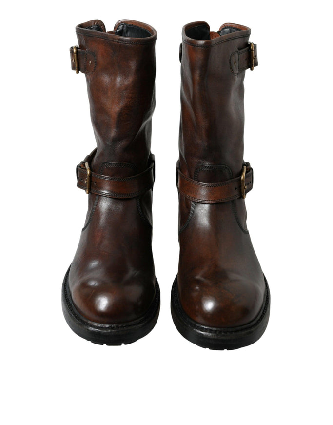 Dolce & Gabbana Brown Leather Mid Calf Biker Boots Shoes - Ellie Belle