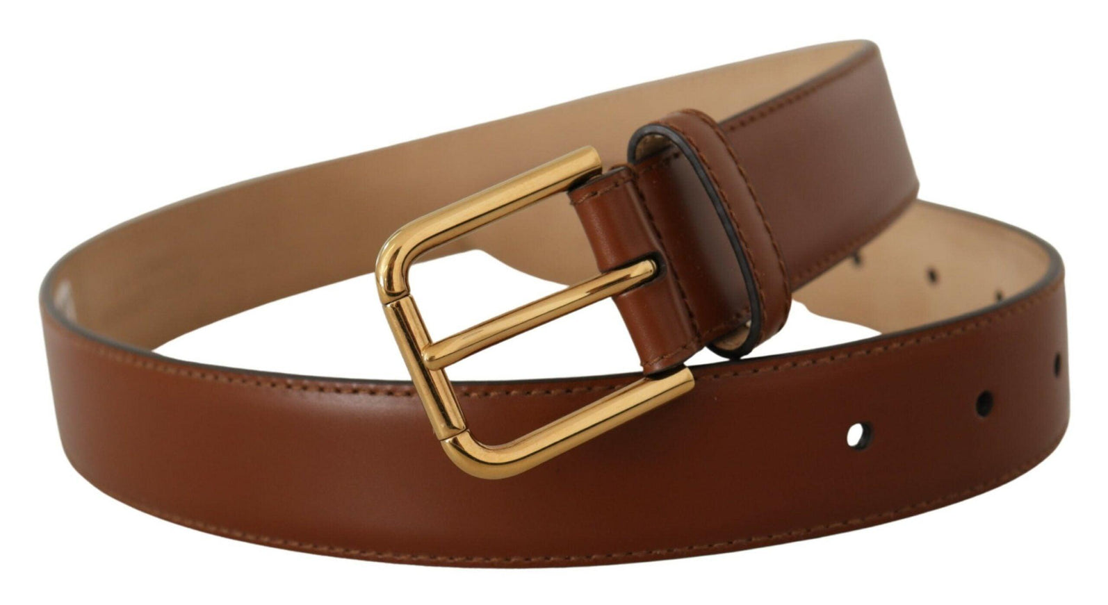 Dolce & Gabbana Brown Leather Polished Gold Metal Waist Buckle Belt - Ellie Belle