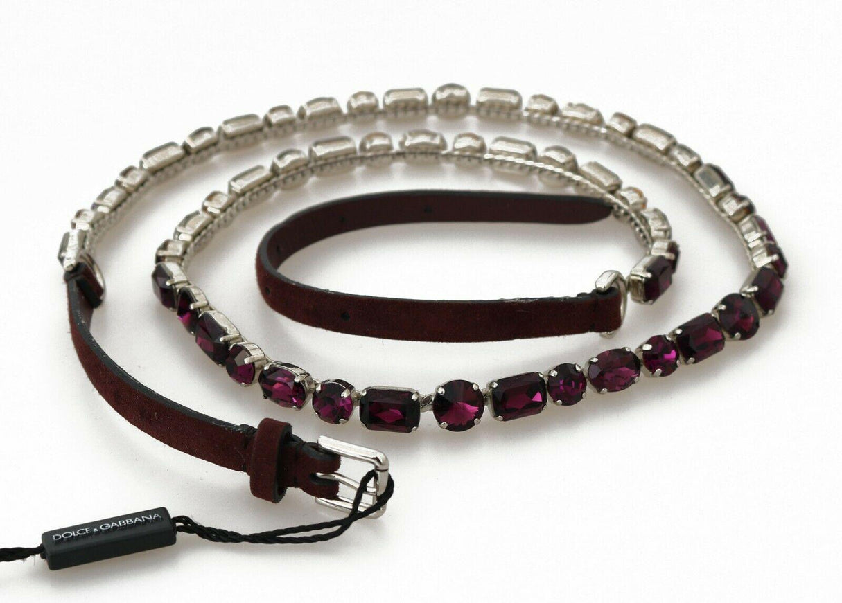 Dolce & Gabbana Brown Leather Purple Crystal Chain Belt - Ellie Belle