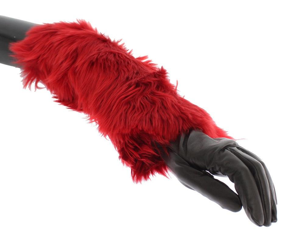 Dolce & Gabbana Brown Leather Red Fur Elbow Gloves - Ellie Belle