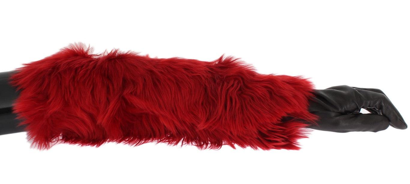 Dolce & Gabbana Brown Leather Red Fur Elbow Gloves - Ellie Belle