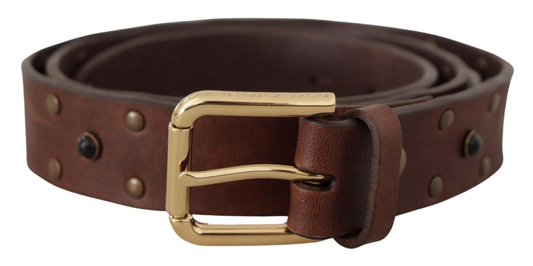 Dolce & Gabbana Brown Leather Studded Gold Tone Metal Buckle Belt - Ellie Belle